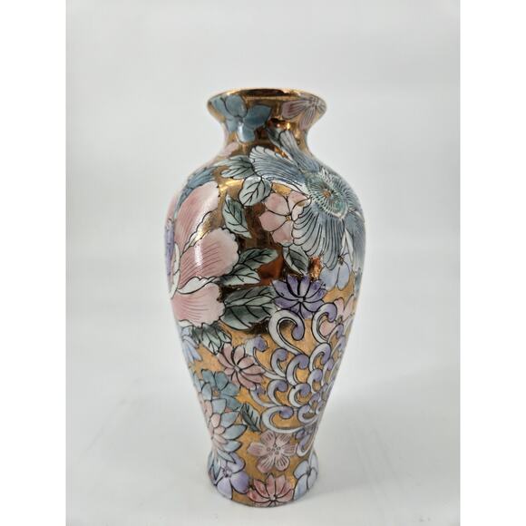 Vintage Toyo Golden Peony Vase Gold and Pastel Floral Fine Art China - Picture 1 of 11